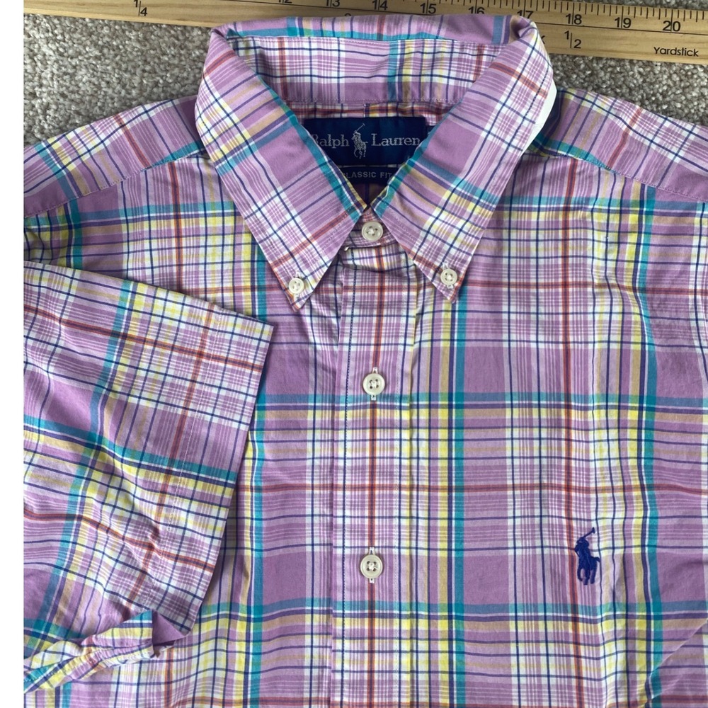 VTG Polo Ralph Lauren Men Cotton Classic Fit Plaid Button Down Shirt Pink Green